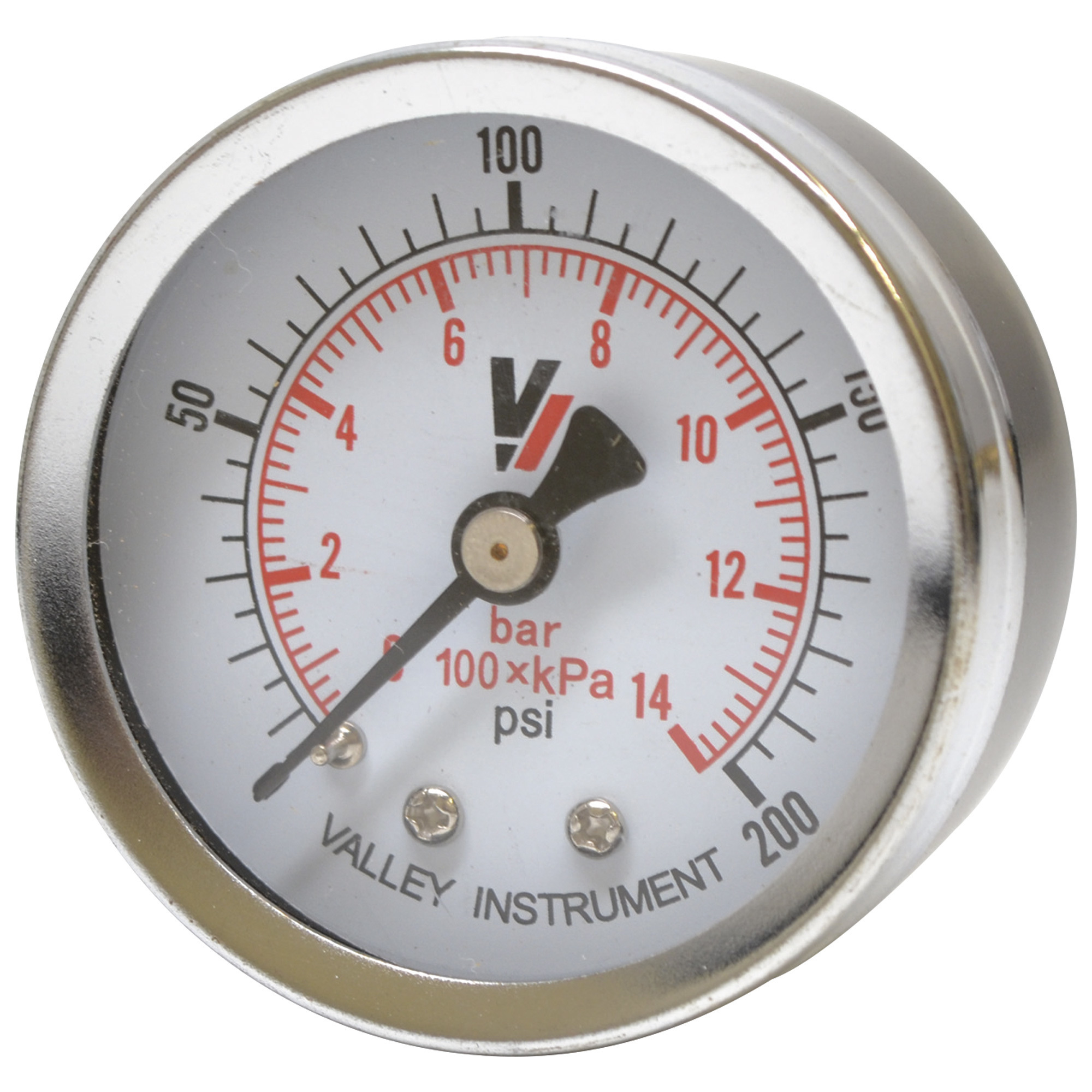 Valley Industries, 2in. Back Mt Gauge 200PSI, Case Material Steel, Min. Operating Pressure 0 PSI, Max. Operating Pressure 200 PSI, Model# 1220DSB200